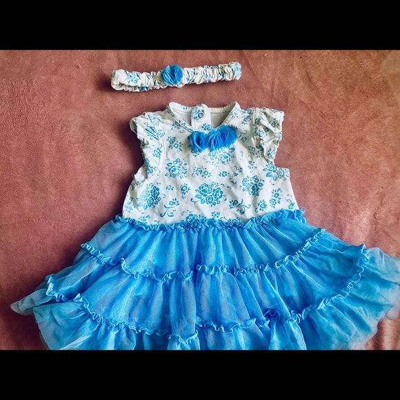Little Me Other - Little Me Blue Floral Print Tulle Skirted Bodysuit